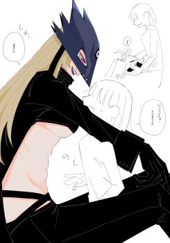 2girls beelstarmon black_coat black_pants blonde_hair breasts coat cropped_shirt digimon digimon_(creature) evolutionary_line eye_mask highres large_breasts long_hair mask multiple_girls muscular muscular_female pants picodevimon purple_eyes third_eye underboob zattaaka770