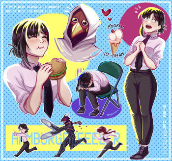 0_0 2boys 2girls black_hair black_necktie black_pants black_shoes breasts burger chainsaw chainsaw_devil chainsaw_man chair chasing cherry commentary constricted_pupils cyennik eating english_commentary english_text folding_chair food fruit hair_ornament hairclip higashiyama_kobeni highres holding holding_food ice_cream_cone makima_(chainsaw_man) mask medium_breasts meme mole mole_under_eye mole_under_mouth motion_blur multiple_boys multiple_girls multiple_moles necktie pants ponytail red_hair shinji_in_a_chair_(meme) shoes short_ponytail single_sidelock sitting spanish_text thighs violence_fiend_(chainsaw_man) white_hood