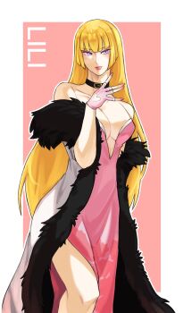 bare_shoulders blonde_hair breasts character_name cleavage clothing_cutout coat dress emilie_de_rochefort fingerless_gloves gloves heart_cutout highres kaphwan0106 lips long_hair purple_eyes tekken