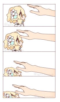 Rule 34 | 1girl, bare shoulders, blonde hair, chibi, commentary, detached sleeves, dress, flower, genshin impact, hair flower, hair ornament, highres, igyou kusamochi, inteyvat flower (genshin impact), lumine (genshin impact), meme redon, short hair with long locks, sidelocks, untranslatable commentary, white background, white dress, white flower, yellow eyes