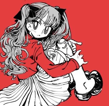 Rule 34 | 1girl, commentary, english commentary, fate/stay night, fate (series), frown, greyscale with colored background, hands on own legs, highres, long hair, long sleeves, looking at viewer, partially colored, red background, red sweater, seashineyellow, shoes, skirt, solo, sweater, tohsaka rin, twintails, two side up