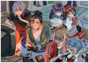 2025 6+boys axel_syrios bangs_pinned_back banzoin_hakka bed black_hair black_shirt blonde_hair cat coll_(erichankun) controller earrings game_boy_advance game_console game_controller gavis_bettel hair_between_eyes hair_bun hair_ornament hairclip hand_on_own_chin handheld_game_console heart heart_in_eye heterochromia highres holostars holostars_english holotempus indian_style jewelry josuiji_shinri layered_sleeves long_sleeves machina_x_flayon multicolored_hair multiple_boys nintendo_ds open_mouth playing_games playstation_2 purple_hair red_hair regis_altare shirt short_over_long_sleeves short_sleeves signature sitting smile streaked_hair symbol_in_eye television virtual_youtuber white_hair