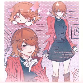 1girl black_boots black_shirt black_skirt blush boots brown_eyes brown_hair cardigan closed_mouth commentary earrings english_commentary feet_out_of_frame flipped_hair heart highres hoop_earrings jewelry knee_boots lips long_sleeves looking_at_viewer multiple_views necklace one_eye_closed open_cardigan open_clothes parted_lips persona persona_3 persona_3_reload pink_cardigan polka_dot polka_dot_background puckered_lips shirt short_hair skirt smile star_(symbol) takeba_yukari turtleneck turtleneck_shirt upper_body xixiaokuma