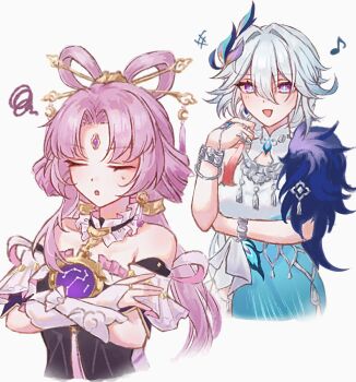 Rule 34 | 2girls, aqua dress, arm under breasts, bare shoulders, blue eyes, bracelet, bridal gauntlets, closed eyes, commentary request, constellation print, cropped torso, crossed arms, dress, facing viewer, feixianji (hairstyle), forehead jewel, fu xuan (honkai: star rail), funafu, hair between eyes, hair ornament, hair rings, hair stick, honkai: star rail, honkai (series), jewelry, long hair, looking at another, low twintails, multicolored eyes, multiple girls, musical note, open mouth, peacock feathers hair ornament, pink eyes, pink hair, simple background, sleeveless, sleeveless dress, squiggle, tassel, tassel hair ornament, twintails, two-tone dress, two-tone eyes, very long hair, white background, white bridal gauntlets, white dress, white hair, yao guang (honkai: star rail)