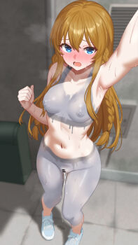 1girl absurdres arm_up armpits bar_censor blue_eyes blush bodypaint braid breasts brown_hair censored collarbone exhibitionism from_above highres idolmaster idolmaster_million_live! kousaka_umi long_hair looking_at_viewer looking_up medium_breasts naked_paint navel nipples nude open_mouth outstretched_arm paint paint_on_body painted_clothes public_indecency public_nudity pussy pussy_juice pussy_juice_puddle selfie shoes side_braid sneakers solo standing sweat toritori_miri twin_braids