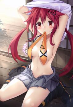 1girl armpits arms_behind_head arms_up bare_legs blush breasts character_doll choujigen_game_neptune clothes_lift compile_heart covered_erect_nipples day doll embarrassed from_above full_body giga-tera grey_skirt groin hair_ornament hairclip high_heels idea_factory legs_apart lifting_own_clothes long_hair looking_at_viewer looking_up medium_breasts midriff mouth_hold navel necktie necktie_in_mouth neptune_(neptunia) neptune_(series) no_bra no_panties on_ground orange_eyes orange_necktie plushie red_hair shin_jigen_game_neptune_vii shirt shirt_lift sitting skirt solo stuffed_toy suspender_skirt suspenders suspenders_removed tears tennouboshi_uzume thighs topless_female twintails undressing very_long_hair white_shirt