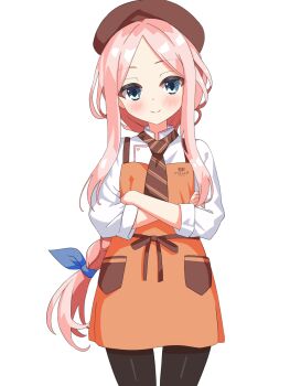 1girl apron beret black_pantyhose blue_eyes blue_ribbon blush brown_hat brown_necktie cafe_stella_to_shinigami_no_chou closed_mouth commentary_request cowboy_shot crossed_arms forehead hair_ribbon hat highres long_hair long_sleeves looking_at_viewer low_ponytail necktie orange_apron pantyhose parted_bangs ponytail ribbon shioyama_suzune shirt sidelocks simple_background sleeves_rolled_up smile solo striped_necktie very_long_hair white_background white_shirt yokoshima_akunusu