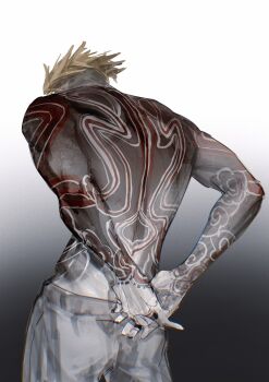 Rule 34 | 1boy, arm tattoo, arms behind back, back, back tattoo, blonde hair, enjin (gachiakuta), from behind, gachiakuta, grey pants, hand tattoo, hashtag-only commentary, highres, maggot83682214, male focus, multiple tattoos, own hands clasped, own hands together, pants, red tattoo, short hair, solo, tattoo, topless male, undercut