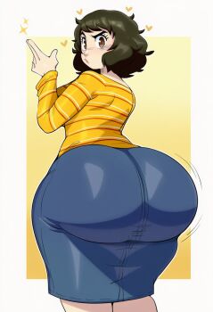 Rule 34 | 1girl, ass, brown hair, denim, denim skirt, highdeadagain, highres, huge ass, kawakami sadayo, mature female, persona, persona 5, short hair, skirt, solo, standing, teacher