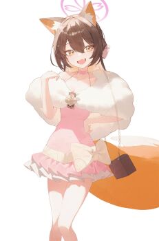 1girl animal_ear_fluff animal_ears bag blue_archive brown_hair choker commentary_request dress fang feet_out_of_frame fox_ears fox_girl fox_tail fur_shawl halo hand_on_own_hip hand_up highres izuna_(blue_archive) izuna_(dress)_(blue_archive) looking_at_viewer official_alternate_costume open_mouth pink_choker pink_dress pink_halo shawl shoulder_bag simple_background skin_fang sla2h_help solo tail white_background