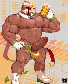 1boy abs alcohol bara beer beer_mug beernox_(xxl) bikini_briefs boots bow bowtie cock_ring commentary cup detached_collar english_commentary gloves helm helmet highres holding holding_cup huge_penis large_pectorals looking_at_viewer male_focus male_underwear money mug muscular muscular_arms muscular_legs muscular_male nipples notice_lines pectorals penis punktoso purple_bow purple_bowtie red_eyes sex_toy solo thighs tucked_money undersized_clothes underwear veins veiny_arms veiny_penis white_boots white_gloves xxl_woofia