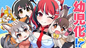 5girls animal_ears bat_ears bat_girl bat_wings belt black_hair blonde_hair blue_background bow bowtie breasts brown_eyes brown_hair brown_long-eared_bat_(kemono_friends) elbow_gloves extra_ears fingerless_gloves fox_ears fox_girl fox_tail frilled_hairband frills gloves grey_hair hair_ornament hairband hairpin hat headphones humboldt_penguin_(kemono_friends) island_fox_(kemono_friends) jacket kemono_friends kemono_friends_v_project kitsunebi_youko large_breasts long_hair looking_at_viewer multicolored_hair multiple_girls necktie official_art one_eye_closed penguin_girl red_eyes red_hair ribbon shirt short_hair simple_background skirt streaked_hair tail translation_request twintails virtual_youtuber wings yamiyo_mea yellow_eyes zonchuu_zombie_jk_wa_game_haishinchuu
