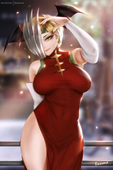 Rule 34 | 1girl, artist name, bare shoulders, blonde hair, boku no hero academia, breasts, breasts apart, covered navel, detached sleeves, dragon girl, dress, ear piercing, earrings, easonx, female focus, hair over one eye, head wings, highres, jewelry, large breasts, looking at viewer, piercing, red dress, ryuukyuu, short hair, side slit, smile, solo, turtleneck, turtleneck dress, white sleeves, wings, yellow eyes