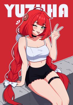 1girl :p ;) ;p absurdres alternate_costume arm_support black_choker black_shorts blush bow breasts camisole character_name choker cleavage crop_top green_eyes hair_bow hand_up highres long_hair looking_at_viewer magikflaan medium_breasts midriff one_eye_closed red_background red_hair short_shorts shorts sitting smile solo spaghetti_strap thigh_strap thighs tongue tongue_out ukinami_yuzuha v very_long_hair white_bow zenless_zone_zero