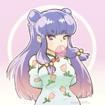 1girl blowing_bubbles chinese_clothes double_bun dress hair_bun long_hair purple_hair ranma_1/2 ribbon shampoo_(ranma_1/2)