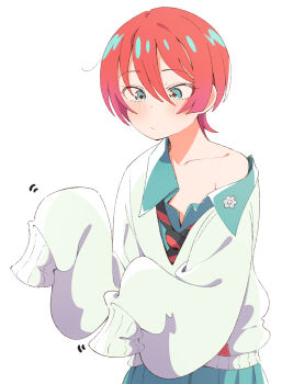 1girl amate_yuzuriha aqua_eyes aqua_shirt black_necktie blue_eyes blush closed_mouth commentary_request eitopondo gundam gundam_gquuuuuux highres necktie off_shoulder red_hair red_necktie school_uniform shirt short_hair simple_background sleeves_past_fingers sleeves_past_wrists solo striped_necktie sweater_vest white_background white_sweater_vest