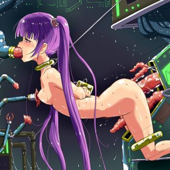 1girl anal anal_object_insertion bdsm bondage bound breasts collar double_penetration lily_under long_hair machine multiple_penetration nipples object_insertion purple_eyes purple_hair restrained sex_machine small_breasts sophie_(tales) tales_of_(series) tales_of_graces tales_of_graces_f triple_penetration twintails vaginal vaginal_object_insertion