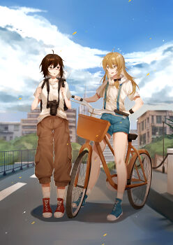 1girl 1other absurdres ahoge androgynous artist_request bicycle bird black_bow blonde_hair blue_shoes blue_shorts bow brown_eyes brown_hair brown_pants building camera camera_around_neck casual character_request chinese_commentary cloud commentary_request contemporary day hair_between_eyes hair_bow highres kirisame_marisa long_hair missing_headwear open_mouth pants red-framed_eyewear red_shoes riding road second-party_source shirt shoes short_hair short_sleeves shorts socks standing suspender_shorts suspenders touhou white_shirt white_socks wristband yellow_eyes