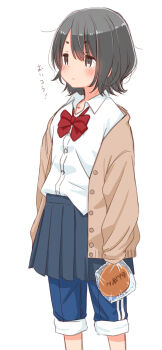 1girl :3 anpan blue_pants blue_skirt blush bob_cut bow bowtie brown_sweater_vest buttons cardigan check_translation collared_shirt cowboy_shot dot_nose food grey_hair hair_between_eyes highres holding holding_food messy_hair open_cardigan open_clothes original pants parted_bangs pleated_skirt red_bow red_bowtie retsumaru school_uniform shirt shirt_partially_tucked_in short_hair simple_background skirt sleeves_past_fingers sleeves_past_wrists solo standing sweater_vest track_pants translation_request white_background white_shirt