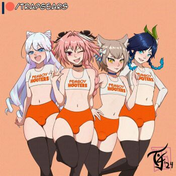 4boys animal_ears aqua_eyes astolfo_(fate) black_bow black_hair blue_eyes blue_hair blush bow braid brown_hair bulge cat_boy cat_ears cone_hair_bun crop_top drill_hair employee_uniform fang fast_food_uniform fate_(series) felix_argyle femboy_hooters_(meme) fire_emblem fire_emblem_engage flower folded_twintails genshin_impact gradient_hair hair_bow hair_bun hair_horns hair_intakes hair_ornament light_blue_hair long_braid long_hair looking_at_viewer male_focus meme midriff multicolored_hair multiple_boys navel nintendo one_eye_closed open_mouth orange_background orange_shorts patreon_logo patreon_username pink_hair purple_eyes re:zero_kara_hajimeru_isekai_seikatsu ribbon rosado_(fire_emblem) shirt short_hair short_hair_with_long_locks shorts single_braid smile streaked_hair tank_top trap trapgears twin_braids venti_(genshin_impact) white_bow white_flower white_hair