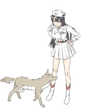 1girl :d bambietta_basterbine belt black_belt black_eyes black_hair bleach bleach:_sennen_kessen-hen boots brooch brown_dog buttons dog double-breasted full_body gloves grin hair_between_eyes hair_over_shoulder hands_on_own_hips hat heart heart_belt heart_brooch highres jacket jewelry komamura_sajin long_hair long_sleeves looking_at_animal looking_down military_hat military_uniform miniskirt nanao_parakeet open_mouth peaked_cap pleated_skirt simple_background sketch skirt smile solo very_long_hair white_background white_boots white_gloves white_hat white_jacket white_skirt