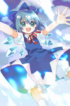 Rule 34 | 1girl, :d, aqua eyes, bloomers, blue bow, blue dress, blue hair, blue sky, bow, cirno, cloud, commentary request, day, detached wings, dress, feet out of frame, flying, hair bow, highres, ice, ice wings, katsuragi atori, kneehighs, neck ribbon, open mouth, outstretched arms, pinafore dress, puffy short sleeves, puffy sleeves, red ribbon, ribbon, shirt, short hair, short sleeves, sky, sleeveless, sleeveless dress, smile, socks, solo, teeth, touhou, twitter username, underwear, upper teeth only, white bloomers, white shirt, white socks, wings