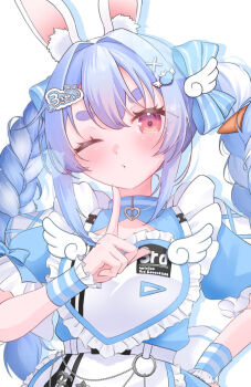 1girl animal_ears apron blue_dress blue_hair blush closed_mouth commentary dress english_commentary finger_to_own_chin hair_ornament hololive hololive_fantasy_1st_anniversary_outfit maid maid_apron official_alternate_costume one_eye_closed rabbit_ears rabbit_girl solo usada_pekora virtual_youtuber white_apron white_hair x_hair_ornament yamazakura118