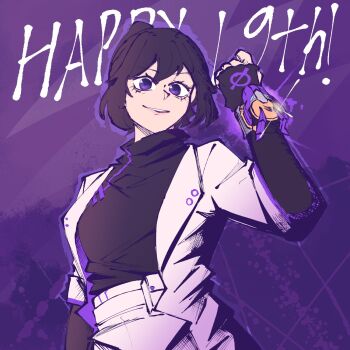 1girl black_hair black_shirt breasts character_request copyright_request cowboy_shot gong_changer highres jacket juuken_sentai_gekiranger purple_eyes saikekuu shirt solo super_sentai white_jacket