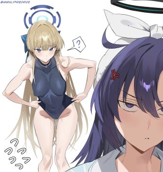 2girls ? absurdres adjusting_clothes adjusting_swimsuit anger_vein angry blonde_hair blue_archive blue_eyes blue_halo blue_one-piece_swimsuit breasts cameltoe covered_navel cum cumdrip halo highres implied_after_sex light_blush long_hair medium_breasts multiple_girls one-piece_swimsuit purple_eyes purple_hair stray_pubic_hair swimsuit thigh_gap thighs toki_(blue_archive) unrulyfriedrice very_long_hair white_background yuuka_(blue_archive)