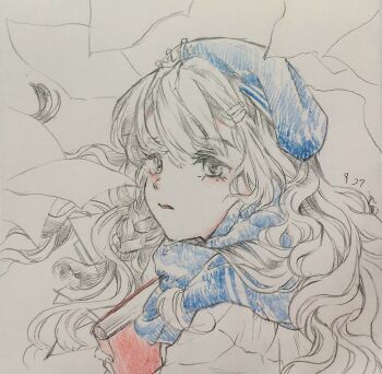 Rule 34 | 1girl, absurdres, beret, blue hat, blue scarf, book, colored pencil (medium), commentary request, dated, emu (bleudoux r), flying paper, graphite (medium), hat, highres, holding, holding book, long hair, looking at viewer, marcus (reverse:1999), paper, parted lips, portrait, reverse:1999, scarf, solo, spot color, traditional media