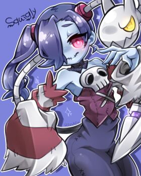 Rule 34 | 1girl, bare shoulders, blue hair, blue skin, breasts, colored skin, detached collar, detached sleeves, hair over one eye, highres, leviathan (skullgirls), long skirt, medium breasts, purple hair, side ponytail, skirt, skull, skullgirls, squigly (skullgirls), stitched mouth, stitches, striped sleeves, zombie