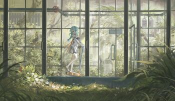 1girl bangboo_(zenless_zone_zero) bare_shoulders blue_eyes blue_hair bush ceco_haizaio closed_mouth clothing_cutout door flower flower_hairpin formal_clothes garden glass gloves grass hair_ornament hairpin highres industrial_pipe looking_at_viewer ponytail riding see-through_dress_layer seed_(zenless_zone_zero) segway side_cutout sign solo suit thigh_cutout toeless_legwear toeless_socks tree valve white_gloves white_suit window zenless_zone_zero