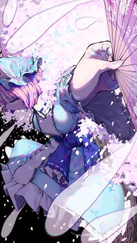 1girl absurdres black_background blue_kimono cherry_blossoms closed_eyes commentary frills from_side hand_fan hat highres hitodama holding holding_fan japanese_clothes kimono long_sleeves medium_hair mob_cap pink_hair pink_petals puffy_sleeves saigyouji_yuyuko solo touhou triangular_headpiece yuara