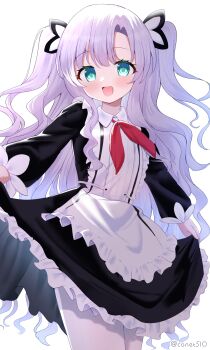 1girl apron artist_name azur_lane black_dress clothes_lift commentary_request conet510 dress dress_lift frilled_dress frills green_eyes hair_ornament heart highres long_hair long_sleeves looking_at_viewer neckerchief ognevoy_(azur_lane) open_mouth pantyhose pioneer_neckerchief red_neckerchief school_uniform simple_background smile solo soviet_school_uniform twitter_username upper_body white_apron white_background white_hair white_pantyhose