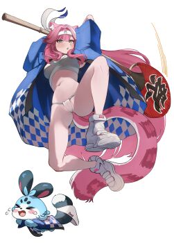 1girl absurdres alternate_costume animal_ear_fluff animal_ears ass bare_legs blue_happi breasts cameltoe chattino_(raora_panthera) chest_sarashi commentary from_below full_body fundoshi hachimaki hair_flaps hair_intakes hand_fan happi headband highres holding holding_fan hololive hololive_english japanese_clothes jumping large_breasts long_hair looking_at_viewer mr_thecatman multicolored_hair navel no_socks oversized_object panther_ears panther_girl panther_tail panties paper_fan parted_lips pink_hair raora_panthera rokushaku_fundoshi sarashi shoe_soles shoes simple_background sneakers solo stomach streaked_hair tail thighs uchiwa underwear unworn_panties very_long_hair virtual_youtuber white_background white_streaks yellow_eyes