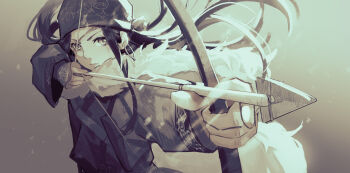 1girl arrow_(projectile) asirpa azizi_zim black_hair bow_(weapon) coat commentary_request drawn_bow earrings floating_hair golden_kamuy gradient_background greyscale hat highres hoop_earrings jewelry long_hair monochrome simple_background upper_body weapon winter_clothes