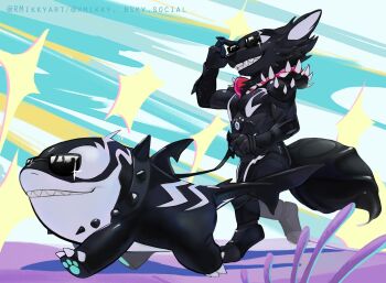 2boys animal_ears artist_name bluesky_username claws collar commentary diffraction_spikes english_commentary fangs fins fish_tail furry furry_male grin guardians_of_the_galaxy highres holding holding_leash jeff_(marvel) jeff_the_land_shark_(devouring_duo) leash looking_to_the_side male_focus marvel marvel marvel_rivals multiple_boys pawpads r.mikky raccoon_boy raccoon_ears raccoon_tail rocket_raccoon rocket_raccoon_(symbiote_raccoon) shark shark_fin shark_tail smile spiked_collar spikes sunglasses symbiote tail tongue twitter_username walking