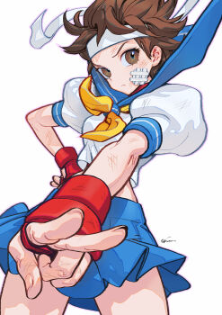 1girl bandaid bandaid_on_cheek bandaid_on_face blue_sailor_collar blue_skirt brown_eyes brown_hair commentary etama_quomo fingerless_gloves frown gloves hand_on_own_hip headband kasugano_sakura looking_at_viewer midriff neckerchief red_gloves sailor_collar school_uniform serafuku shirt short_hair signature simple_background skirt solo street_fighter v white_background white_headband white_shirt yellow_neckerchief
