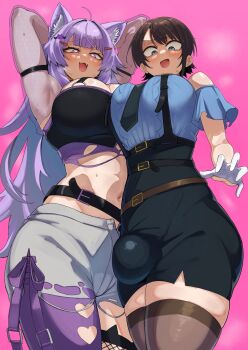 2girls ahoge animal_ears arms_behind_head arms_up belt black_necktie black_skirt black_tube_top blue_eyes blue_shirt blunt_bangs blush breasts brown_hair brown_thighhighs bulge cat_ears cat_girl cat_tail clothing_cutout fang fishnet_thighhighs fishnets from_below futanari gloves hair_ornament highres hololive large_breasts long_hair looking_at_viewer multiple_girls necktie nekomata_okayu nekomata_okayu_(personya_respect) nuezou official_alternate_costume official_alternate_hair_length official_alternate_hairstyle oozora_subaru oozora_subaru_(police) open_mouth pencil_skirt pink_background police police_uniform policewoman purple_eyes purple_hair see-through_shrug shiny_skin shirt short_hair shorts shoulder_cutout shrug_(clothing) single_leg_pantyhose skirt steaming_body strapless sweat swept_bangs tail thighhighs thighs torn_clothes torn_shorts tube_top virtual_youtuber white_gloves