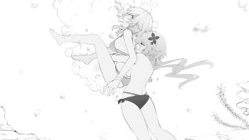 2girls absurdres air_bubble asphyxiation bare_shoulders barefoot bikini biru_saeika blowing_bubbles breasts bubble commentary drowning english_commentary evernight_(honkai:_star_rail) flower grin hair_flower hair_ornament hairclip highres honkai:_star_rail honkai_(series) hug hug_from_behind large_breasts layered_bikini long_hair looking_at_another march_7th_(honkai:_star_rail) monochrome multiple_girls open_mouth sidelocks smile swimsuit thighs topless_female underwater
