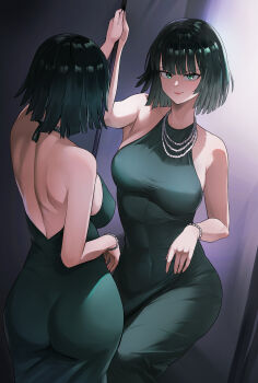 1girl absurdres ass back breasts dress fubuki_(one-punch_man) green_dress green_eyes green_hair hand_on_mirror highres jewelry looking_at_mirror mirror necklace one-punch_man reflection sleeveless sleeveless_dress smile solo tao_xiaofan_pduk
