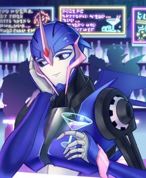 1girl arcee arcee_(prime) black_sclera blue_eyes breasts cocktail_glass colored_sclera cup drinking_glass head_rest helmet highres humanoid_robot jijing5658 light_smile looking_at_viewer mechanical_wings medium_breasts robot robot_girl transformers transformers_prime wings