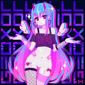 1girl ariimaw bandaid blush body_writing breasts clitoris cowboy_shot cum hair_ornament heart heart_hair_ornament highres horn_ornament horns long_hair medium_breasts net_stockings no_panties nude phone pussy pussy_juice pussy_piercing solo sparkle sticker tagme taking_picture thighhighs third-party_edit wings