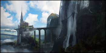 artist_name bad_id bad_pixiv_id bird border bridge castle cliff cloud cloudy_sky grand_scale horizon landscape no_humans original path road rounin_(amuza) scenery signature sky tree water waterfall