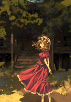 1girl abandoned arms_behind_back blonde_hair blurry depth_of_field disembodied_eye dress feet_out_of_frame frilled_dress frills grass hat highres looking_at_viewer looking_back maribel_hearn medium_hair mob_cap osakana_(0519_sakana) outdoors purple_dress purple_eyes red_ribbon ribbon shadow shrine smile socks sunset touhou tree white_hair white_socks