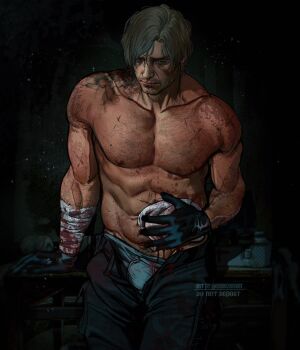 Rule 34 | 1boy, battle damage, bruise, commentary, damaged, denim, english commentary, highres, injury, jeans, leon s. kennedy, male focus, muscular, muscular male, pants, pectorals, resident evil, resident evil requiem, scar, scratches, solo, umikochannart, underwear
