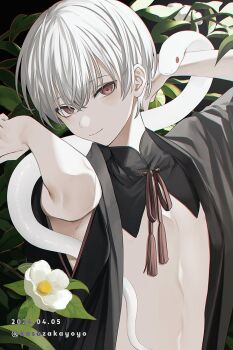 1boy albino armpit_peek arms_up bishounen black_collar black_kimono chinikuniku chromatic_aberration closed_mouth collar dated detached_collar empty_eyes flower flower_request hashtag-only_commentary head_tilt japanese_clothes kimono light_blush light_smile looking_at_viewer male_focus official_artist_extra open_clothes open_kimono red_eyes red_rope rope short_hair snake snake_wrapped_around_body solo tenshi-sama tenshi_tsuki topless_male tree twitter_username upper_body white_flower white_hair white_snake wide_sleeves yukata