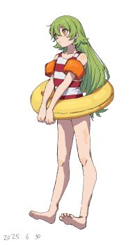 Rule 34 | 1girl, barefoot, flat chest, green hair, hair between eyes, highres, inflatable armbands, innertube, kufufu kekerakera, long hair, one-piece swimsuit, shy (series), simple background, solo, striped clothes, striped one-piece swimsuit, swim ring, swimsuit, takatisakana, white background
