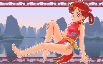 1girl bare_arms bare_legs barefoot bow braid braided_hair_rings brown_eyes brown_hair china_dress chinese_clothes closed_mouth dress floral_print floral_print_dress full_body goto_p hair_bobbles hair_ornament hair_rings hand_on_own_leg karst knee_up looking_at_viewer ocean original panties pc-98_(style) pelvic_curtain print_dress red_dress sash short_dress short_hair signature sitting smile solo underwear white_panties yellow_bow yellow_sash