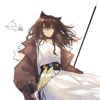 1girl animal_ears arknights arrow_(projectile) black_gloves brown_hair dress fingerless_gloves gloves haki_penguin highres holding holding_arrow long_hair looking_at_viewer lunacub_(arknights) simple_background solo white_background white_dress wolf_ears yellow_eyes
